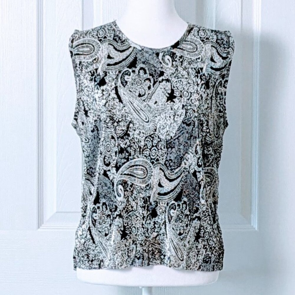 PLISSE Women's Crinkled Sleeveless Blouse Top  Size XL  Black Gray Paisley Print
